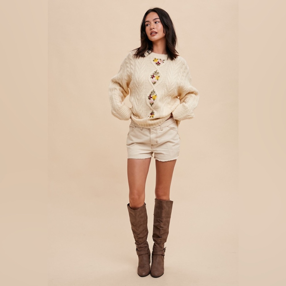 New Floral Embroidered Vanilla Cream Sweater - Picture 8 of 13